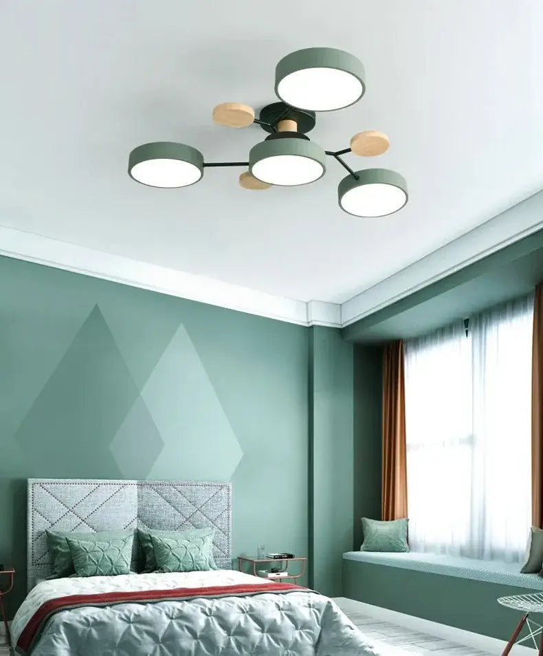 DecorBites™ modern macaron ceiling chandelier with five green circular shades, wooden accents, and 3-color dimming feature