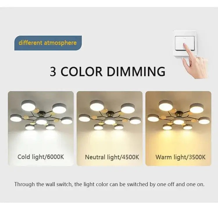Modern black metal ceiling chandelier with multiple circular led lights and 3-color dimming macaron ceiling design