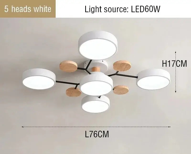 Modern white and wood-toned DecorBites™ macaron ceiling chandelier with five circular heads and 3-color dimming