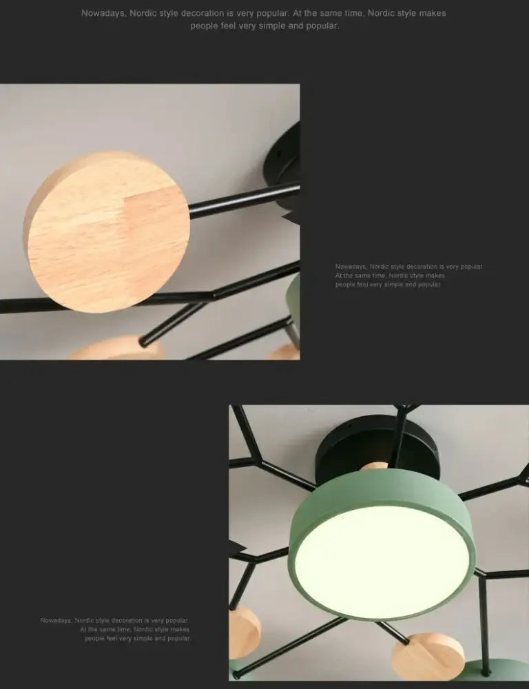 Modern nordic-style ceiling chandelier with matte black frame, wooden accents, mint green macaron ceiling shade and 3-color dimming