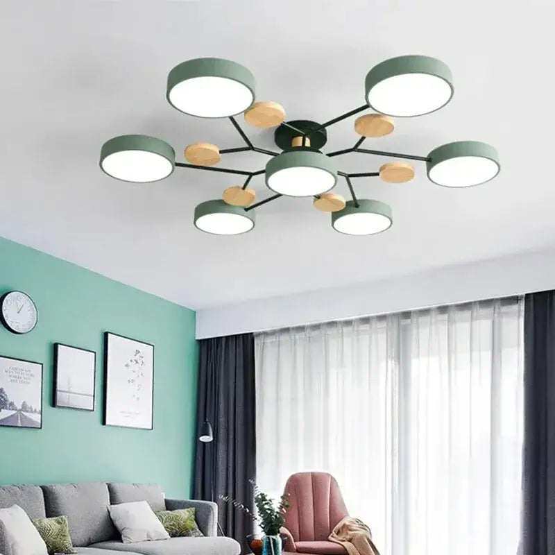 Decorbites™ modern macaron ceiling chandelier with six green circular shades wooden accents and 3-color dimming