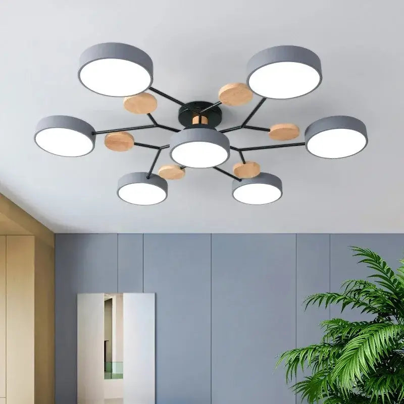 DecorBites™ modern macaron ceiling chandelier with six gray shades, black metal arms, wood accents, and 3-color dimming