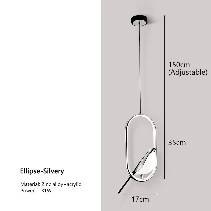 Silver ellipse-shaped DecorBites modern magpie bird led pendant light with sleek zinc alloy and acrylic design, adjustable 150cm hanging length