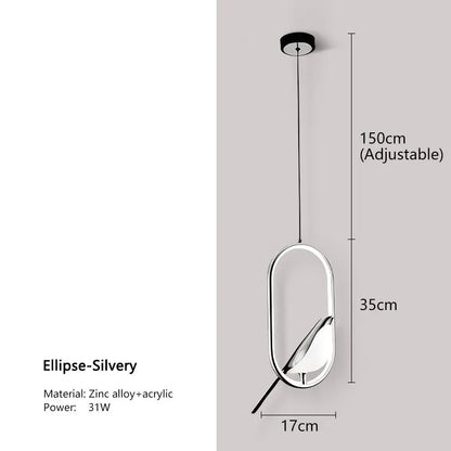 Silver ellipse-shaped DecorBites modern magpie bird led pendant light with sleek zinc alloy and acrylic design, adjustable 150cm hanging length