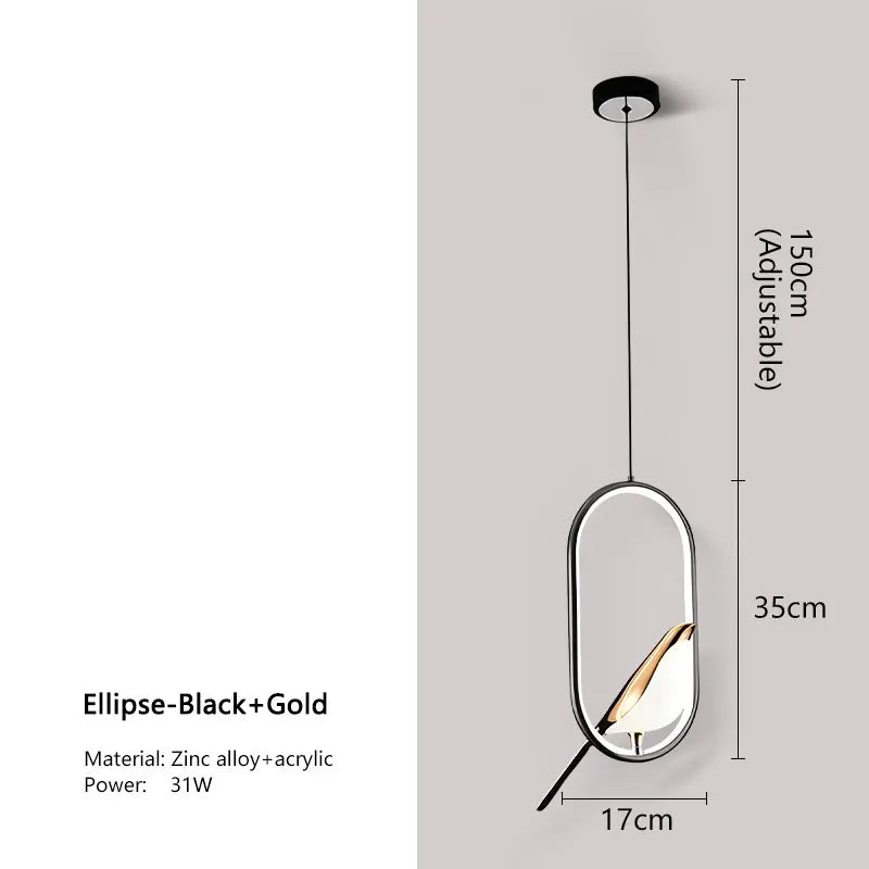 Decorbites™ modern magpie bird led pendant light in black and gold with zinc alloy frame and acrylic glass panel