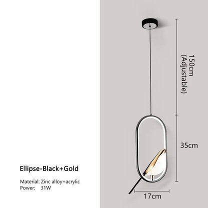 Decorbites™ modern magpie bird led pendant light in black and gold with zinc alloy frame and acrylic glass panel