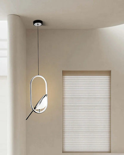 DecorBites™ modern magpie bird led pendant light with sleek oval chrome frame and integrated bird silhouette design