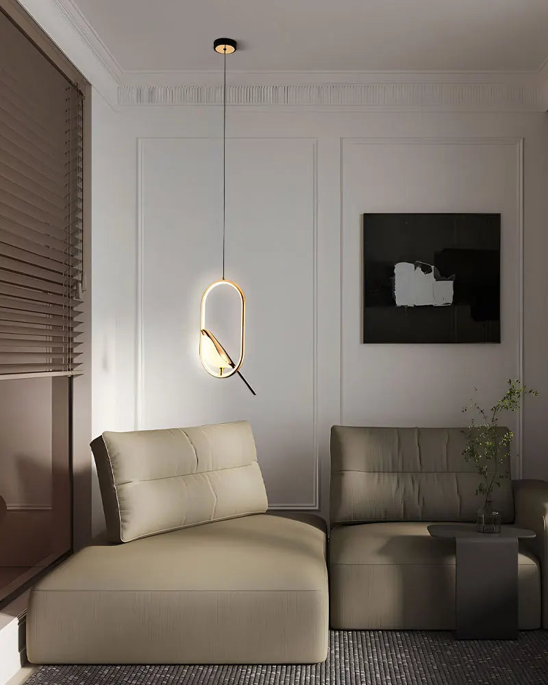 DecorBites™ modern magpie bird led oval pendant light with sleek metallic frame and warm glow minimalist design