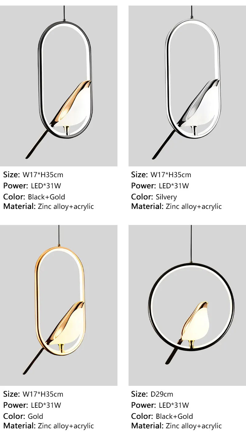 Elegant oval-shaped DecorBites™ modern magpie bird led pendant light with gold-toned bird silhouette and zinc alloy frame