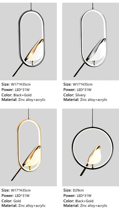 Elegant oval-shaped DecorBites™ modern magpie bird led pendant light with gold-toned bird silhouette and zinc alloy frame