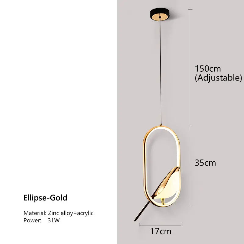 Gold-toned elliptical pendant light with zinc alloy frame and acrylic diffuser from decorbites modern magpie bird led collection