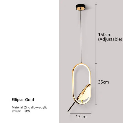 Gold-toned elliptical pendant light with zinc alloy frame and acrylic diffuser from decorbites modern magpie bird led collection