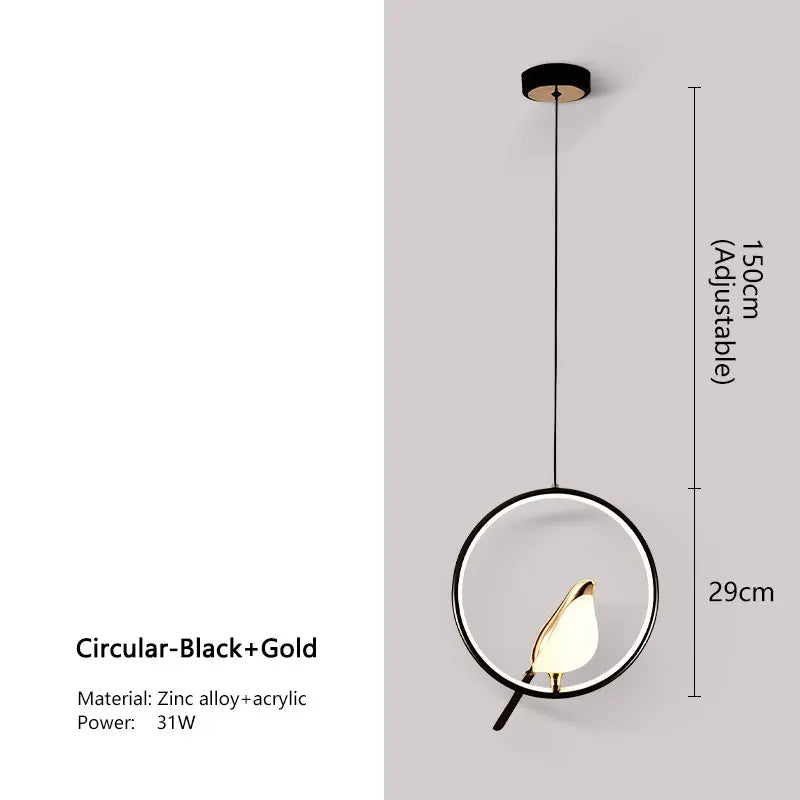 Black and gold DecorBites modern magpie bird led pendant light with acrylic bird-shaped lampshade and minimalist design