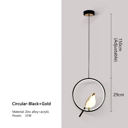Black and gold DecorBites modern magpie bird led pendant light with acrylic bird-shaped lampshade and minimalist design