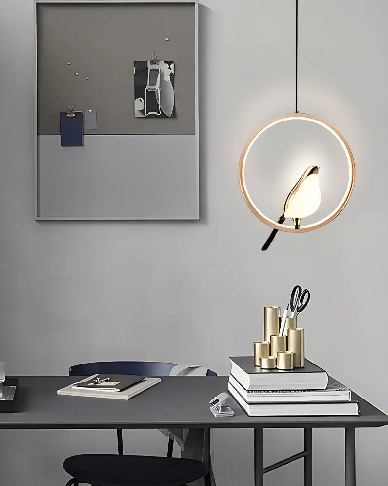 DecorBites™ modern magpie bird led pendant light with warm glow and sleek gold-toned frame featuring bird led silhouette