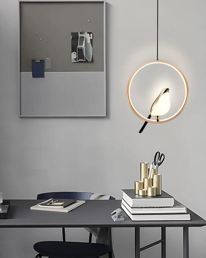 DecorBites™ modern magpie bird led pendant light with warm glow and sleek gold-toned frame featuring bird led silhouette