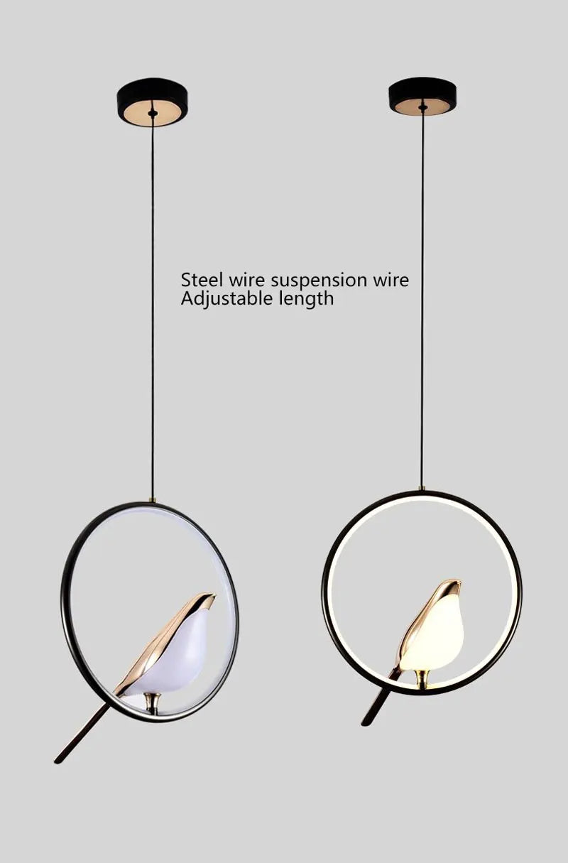 DecorBites modern magpie bird led pendant light with sleek black frame and illuminated white and gold bird led suspended by steel wire