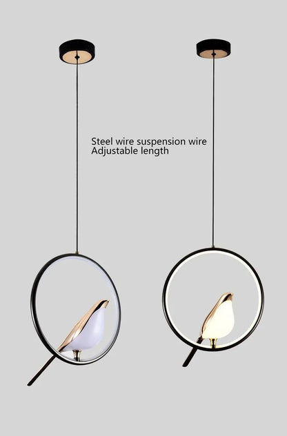 DecorBites modern magpie bird led pendant light with sleek black frame and illuminated white and gold bird led suspended by steel wire