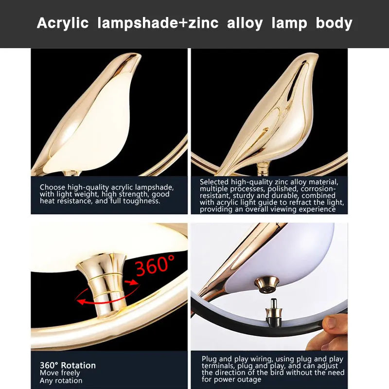 Decorbites modern magpie bird led table lamp in gold with zinc alloy body and translucent acrylic shade