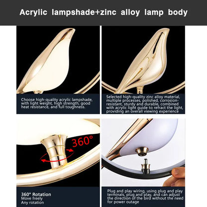 Decorbites modern magpie bird led table lamp in gold with zinc alloy body and translucent acrylic shade