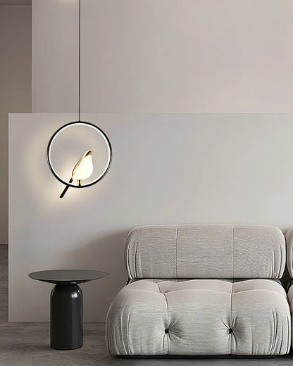 Decorbites modern magpie bird led pendant light with a black frame and glowing white minimalist bird led lampshade