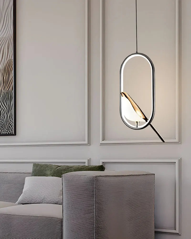 Decorbites™ modern magpie bird led pendant light with sleek metallic frame and warm glowing interior in oval design