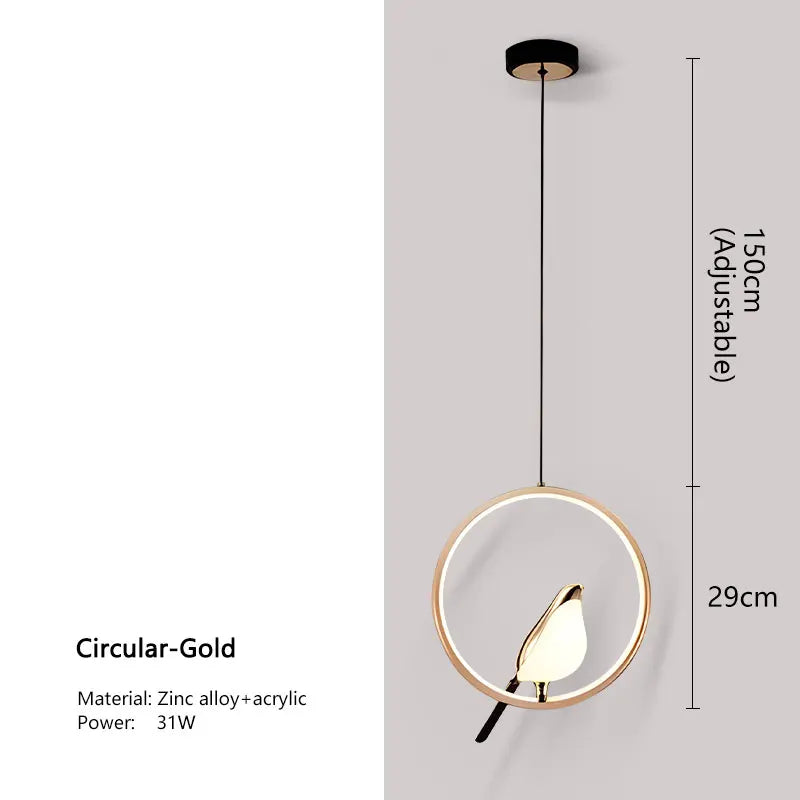 DecorBites modern magpie bird led pendant light with sleek gold frame and minimalist bird-shaped acrylic shade