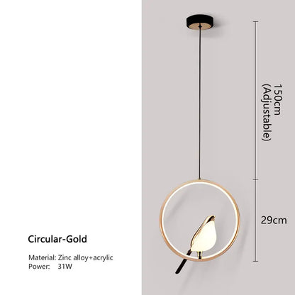 DecorBites modern magpie bird led pendant light with sleek gold frame and minimalist bird-shaped acrylic shade