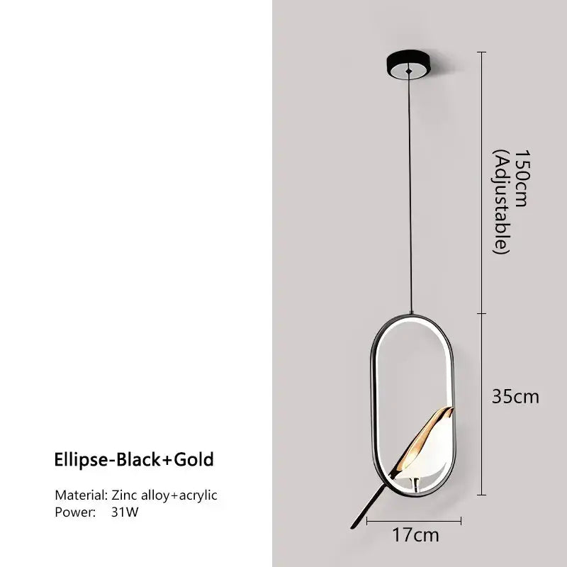 Decorbites™ modern magpie bird led pendant light in black and gold with zinc alloy frame and acrylic glass panel
