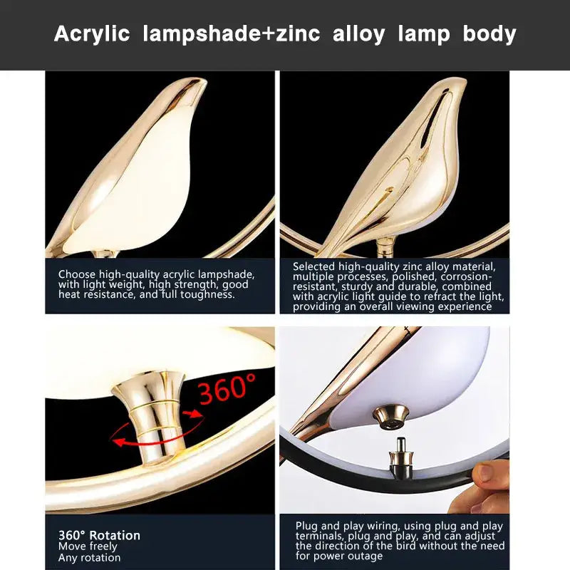 Decorbites modern magpie bird led table lamp in gold with zinc alloy body and translucent acrylic shade
