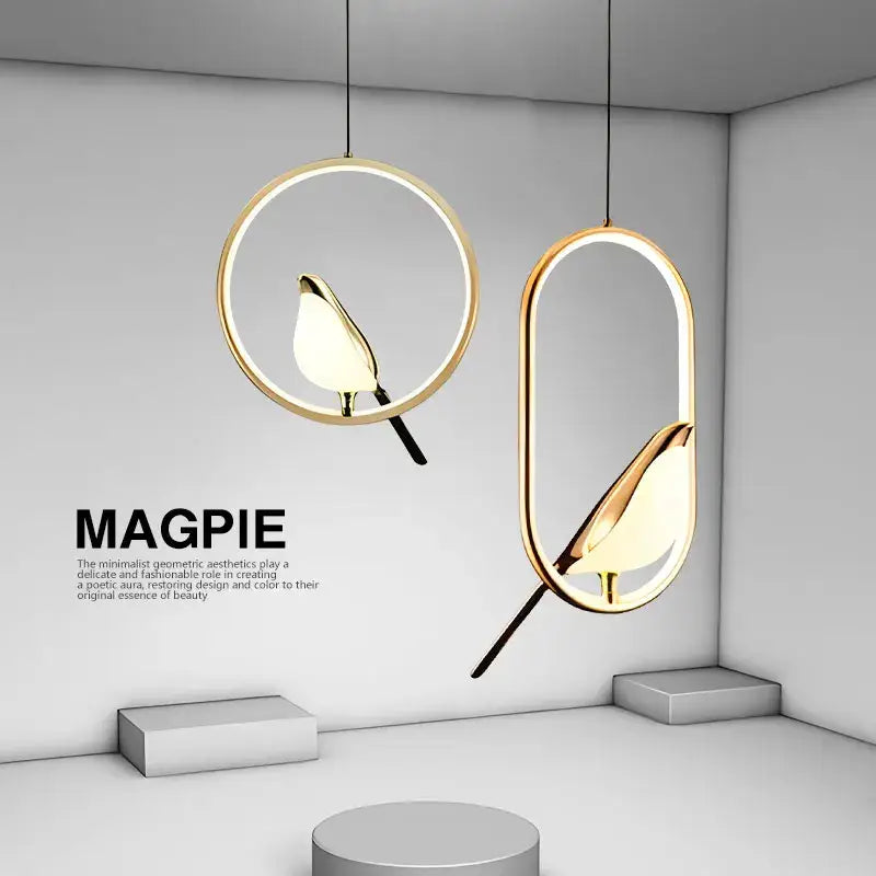 DecorBites™ modern magpie bird led pendant lights feature gold-toned sleek geometric frames in minimalist design