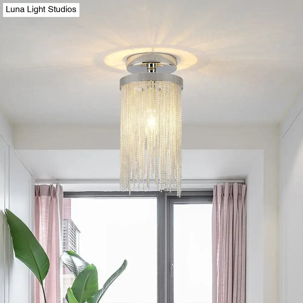 DecorBites™ modern semi flush mount lamp with chrome base and cascading clear crystal beads for living room use
