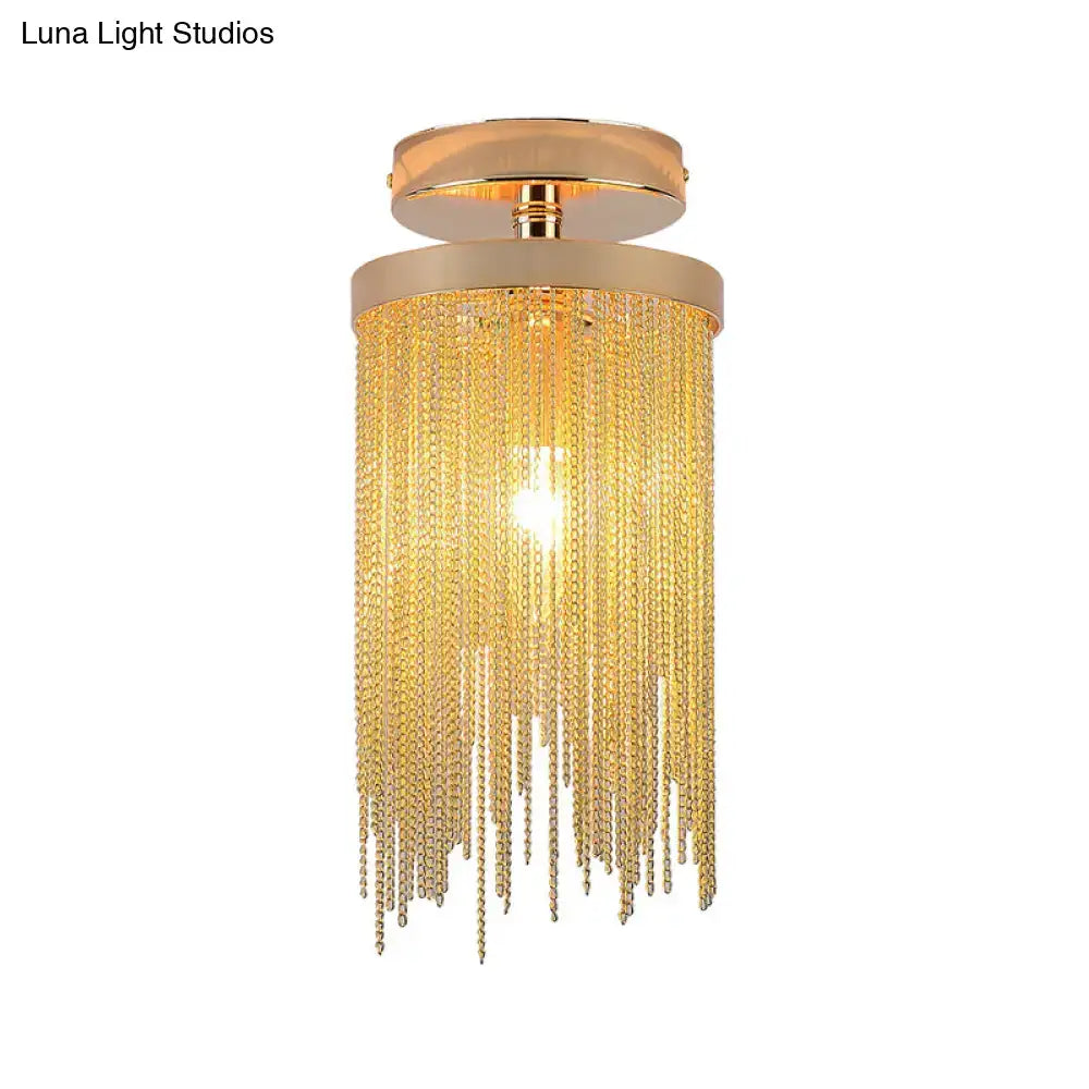 Gold-toned DecorBites modern metal chain semi flush mount lamp with cascading reflective beads for living room ceiling