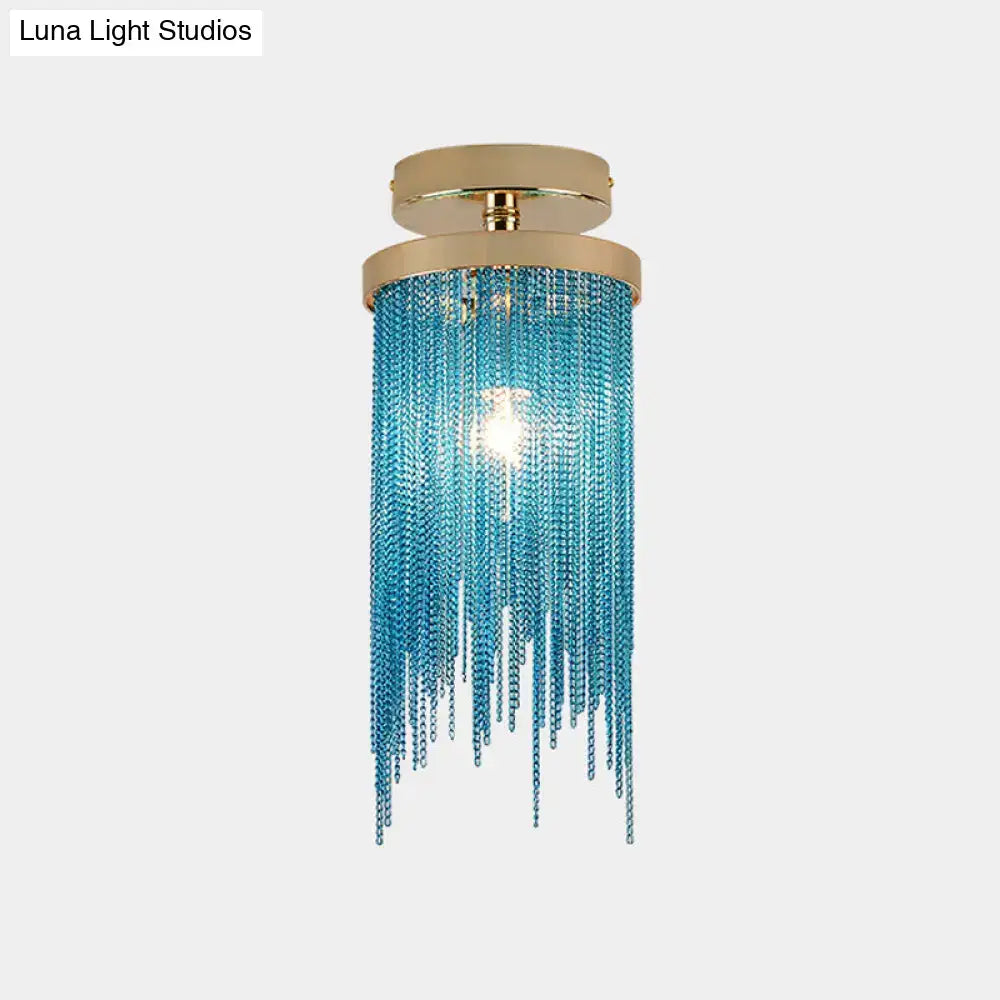 Decorbites modern semi flush mount lamp with gold metal base and blue glass bead strands for living room lighting