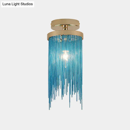 Decorbites modern semi flush mount lamp with gold metal base and blue glass bead strands for living room lighting
