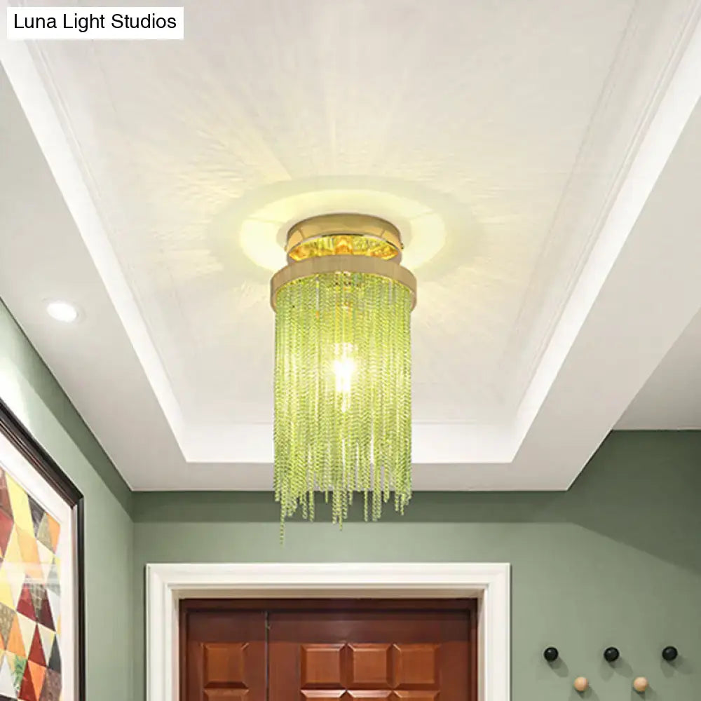 Decorbites modern semi flush mount lamp with gold base and cascading green crystal beads for living room lighting