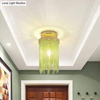 Decorbites modern semi flush mount lamp with gold base and cascading green crystal beads for living room lighting