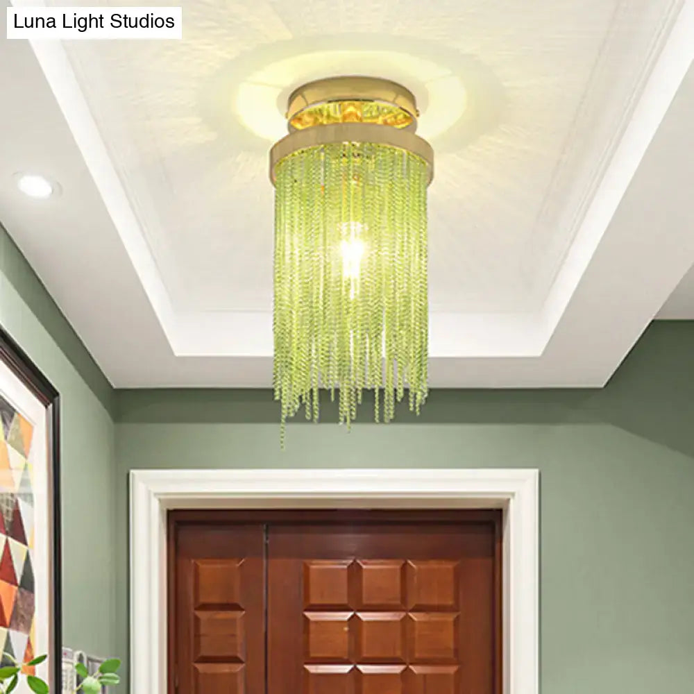 Decorbites modern semi flush mount lamp with gold circular base and lime-green glass bead strands for living room