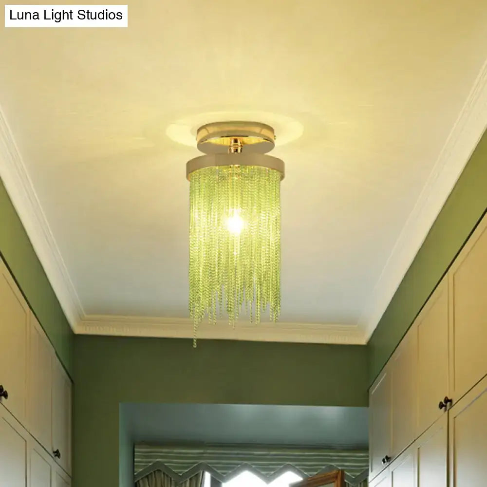 Decorbites modern semi flush mount lamp with gold base and cascading translucent green crystal beads for living room