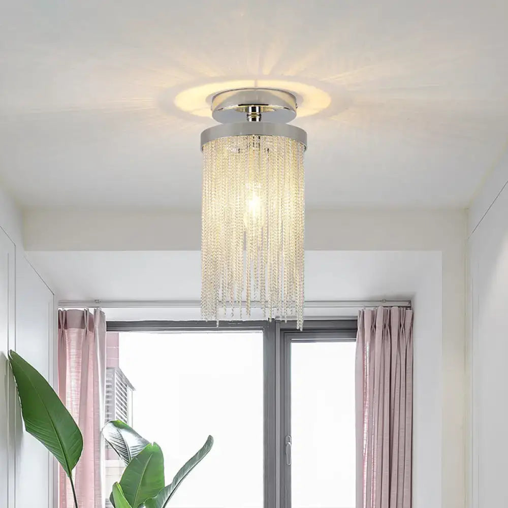 DecorBites™ modern semi flush mount lamp with chrome base and cascading clear crystal beads for living room use