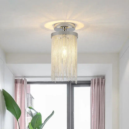 DecorBites™ modern semi flush mount lamp with chrome base and cascading clear crystal beads for living room use