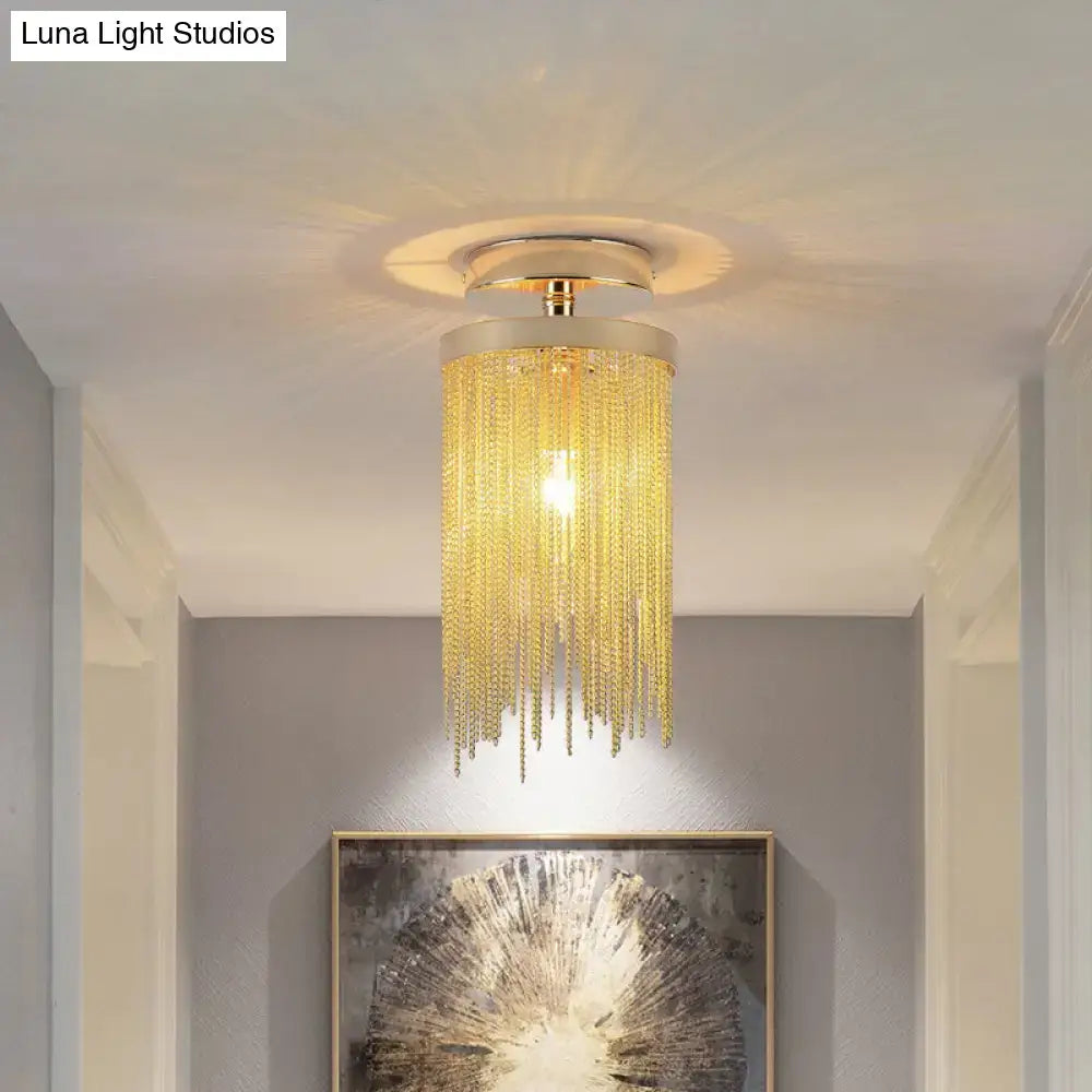 Gold-toned DecorBites™ modern metal chain semi flush mount lamp with cascading crystals for living room lighting