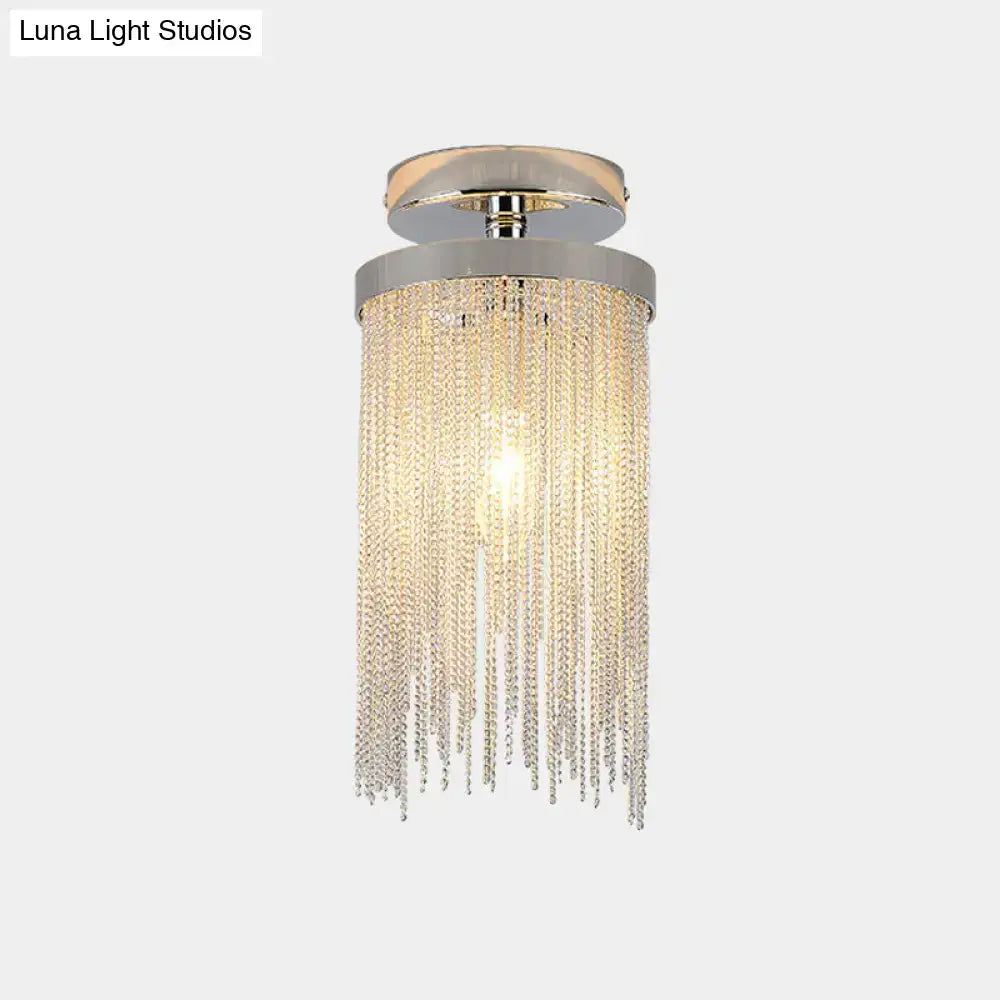 DecorBites™ modern semi flush mount lamp in chrome with cascading clear crystal beads for living room lighting