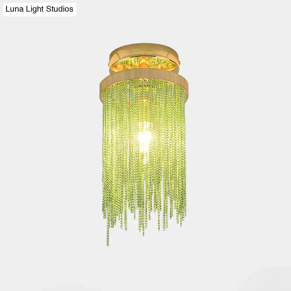 Golden semi flush mount lamp with cascading green crystal beads by decorbites for living room lighting