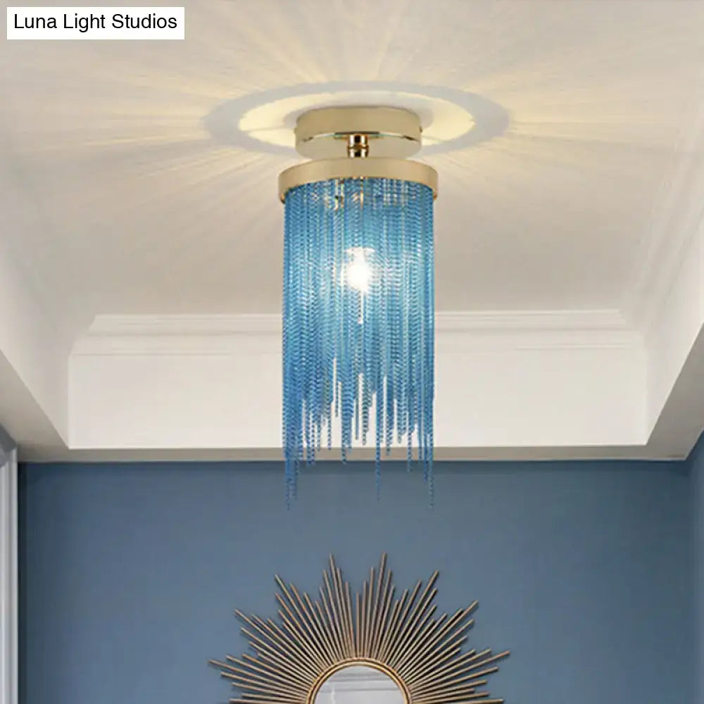 DecorBites™ modern semi flush mount lamp with gold base and cascading blue crystal beads for living room ceiling