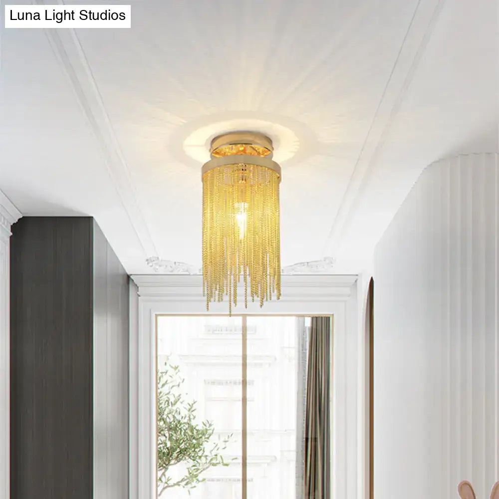 Decorbites modern metal chain semi flush mount lamp with golden cascading crystal chains and circular metallic base