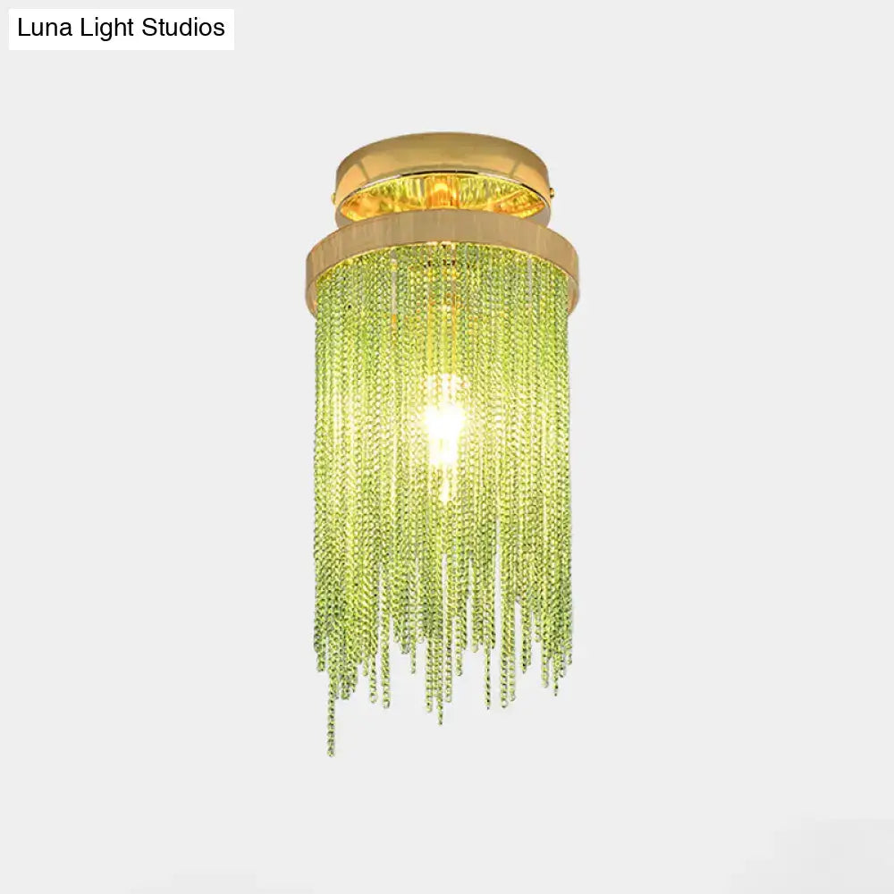 Decorbites™ modern metal semi flush mount lamp with golden frame and green crystal beads for living room ceiling