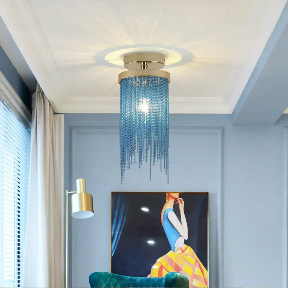Decorbites™ blue crystal semi flush mount lamp with gold-toned circular base for modern living room lighting