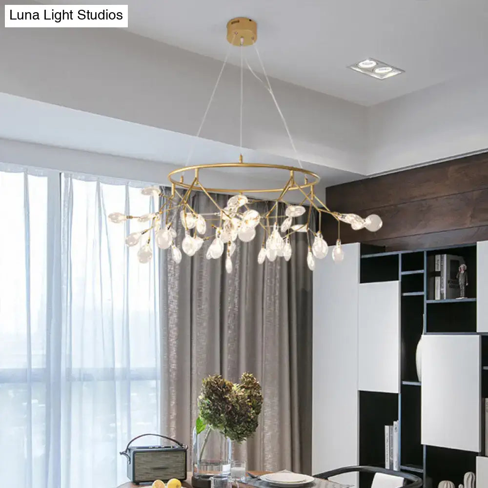 Gold-toned modern metal LED dining room chandelier with branch-like arms holding clear glass teardrop pendants 110v-120v 220v-240v