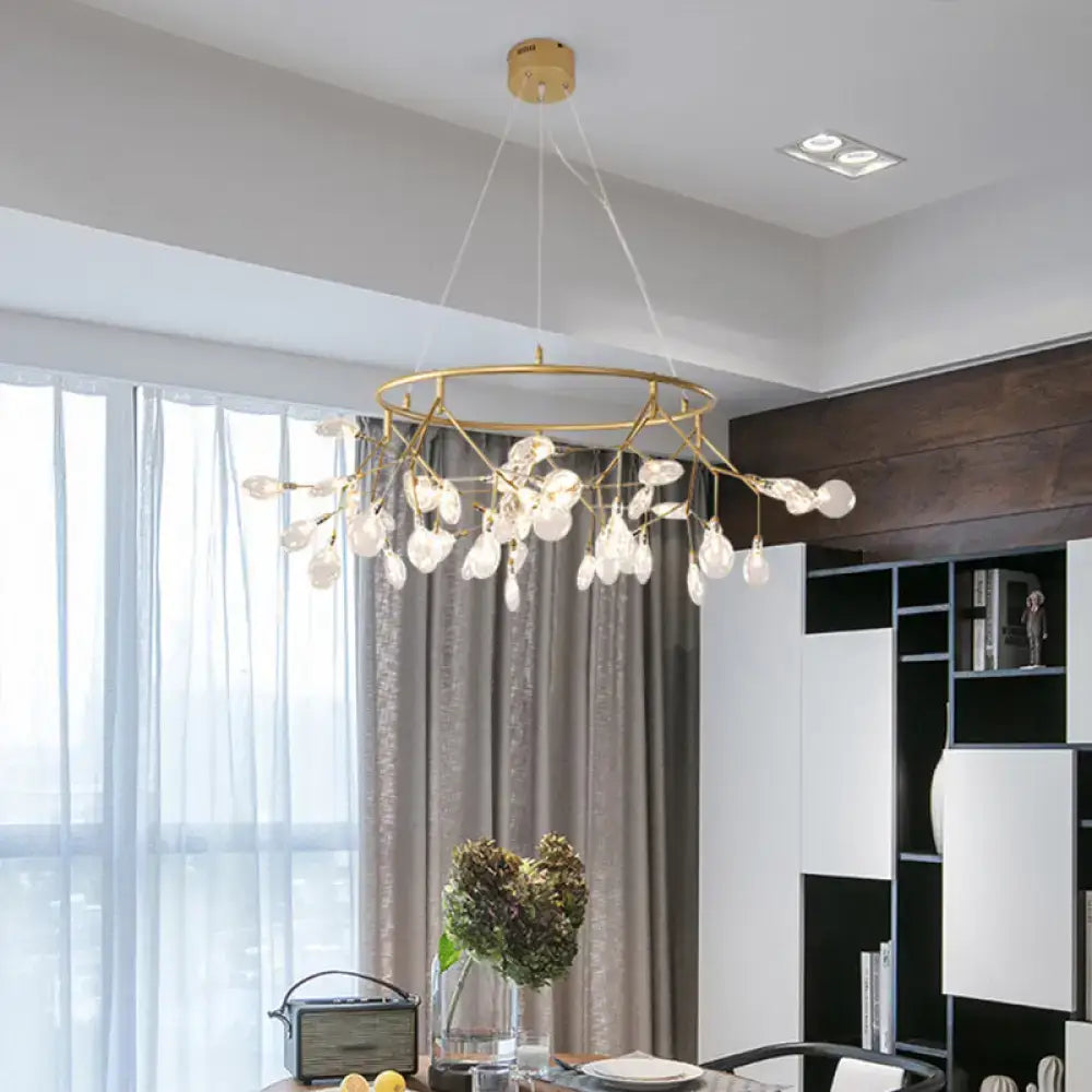 Gold-toned DecorBites™ modern metal LED dining room chandelier with circular frame and glass globe pendants 110v-120v 220v-240v